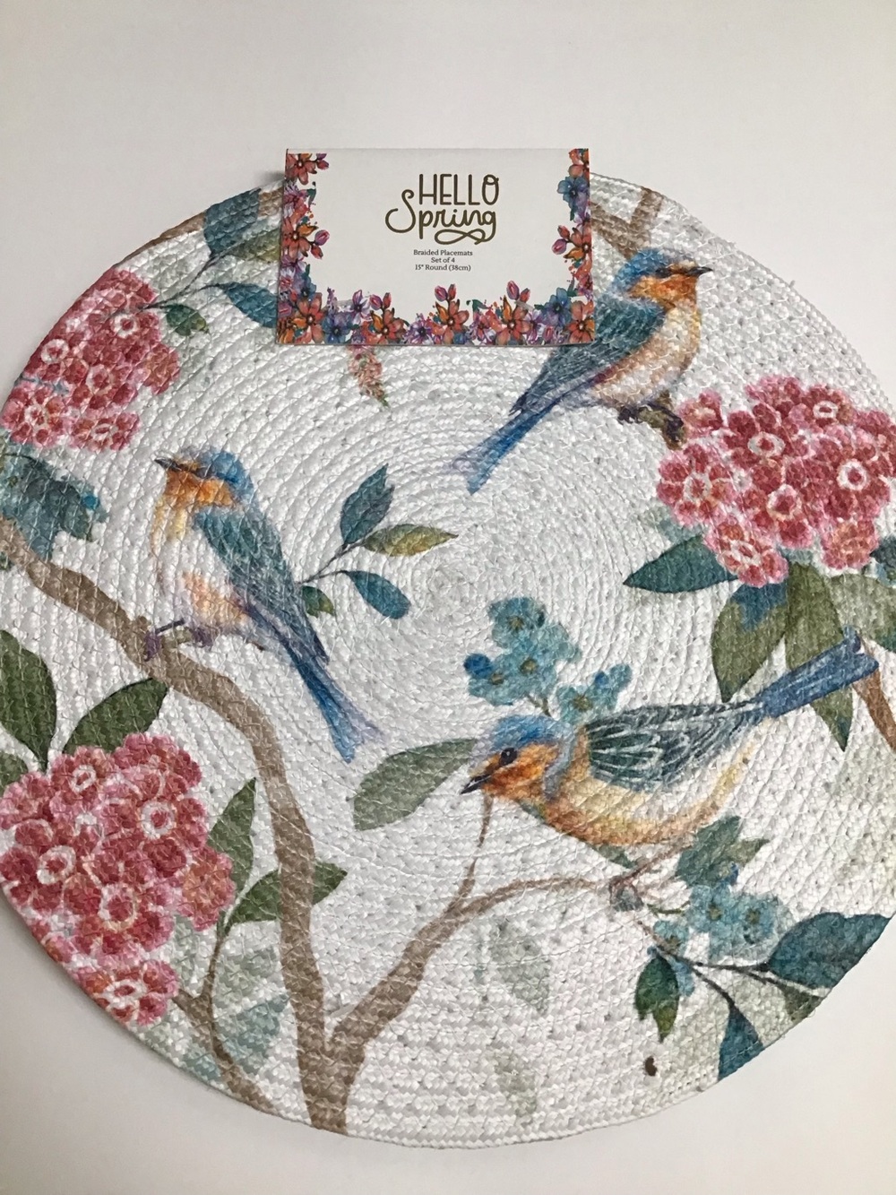 Spring Birds Floral Braided Placemats SET OF 4 15” Round Handmade in India NEW